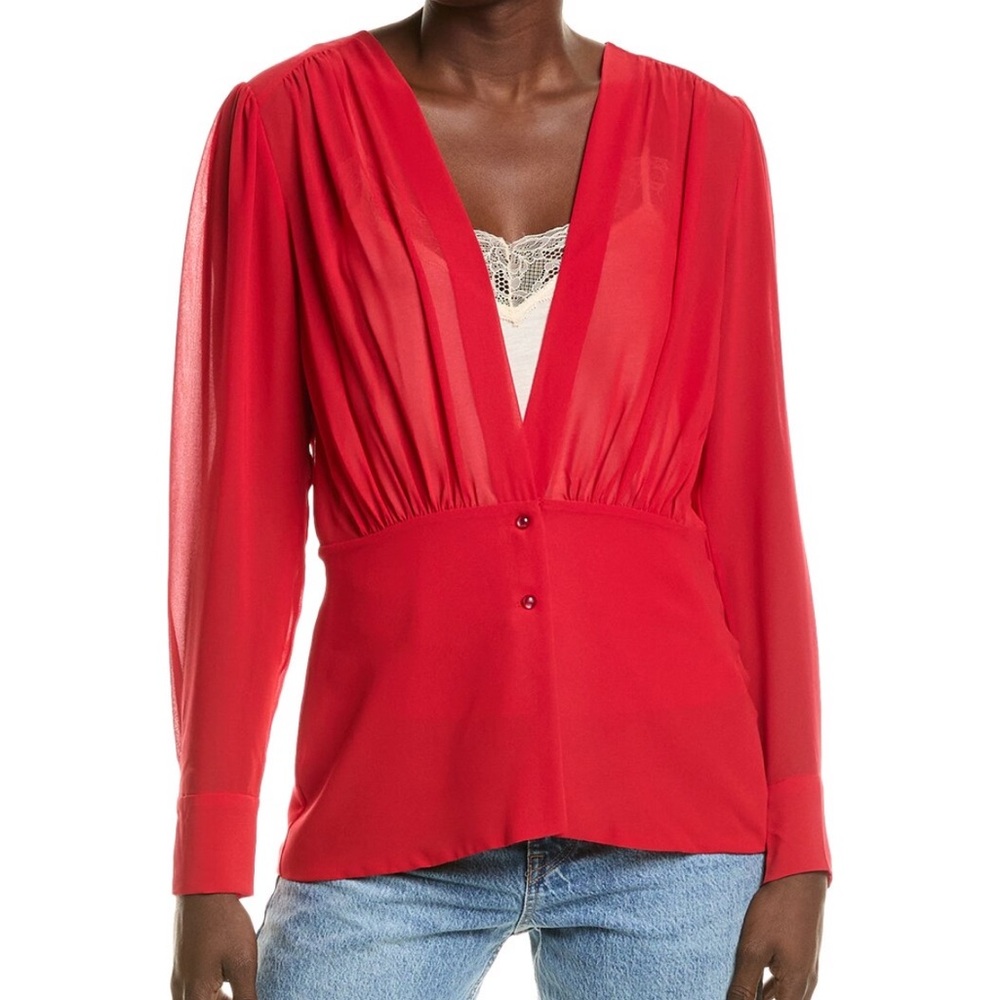 BCBGMaxAzria Red Deep V-Neck Blouse